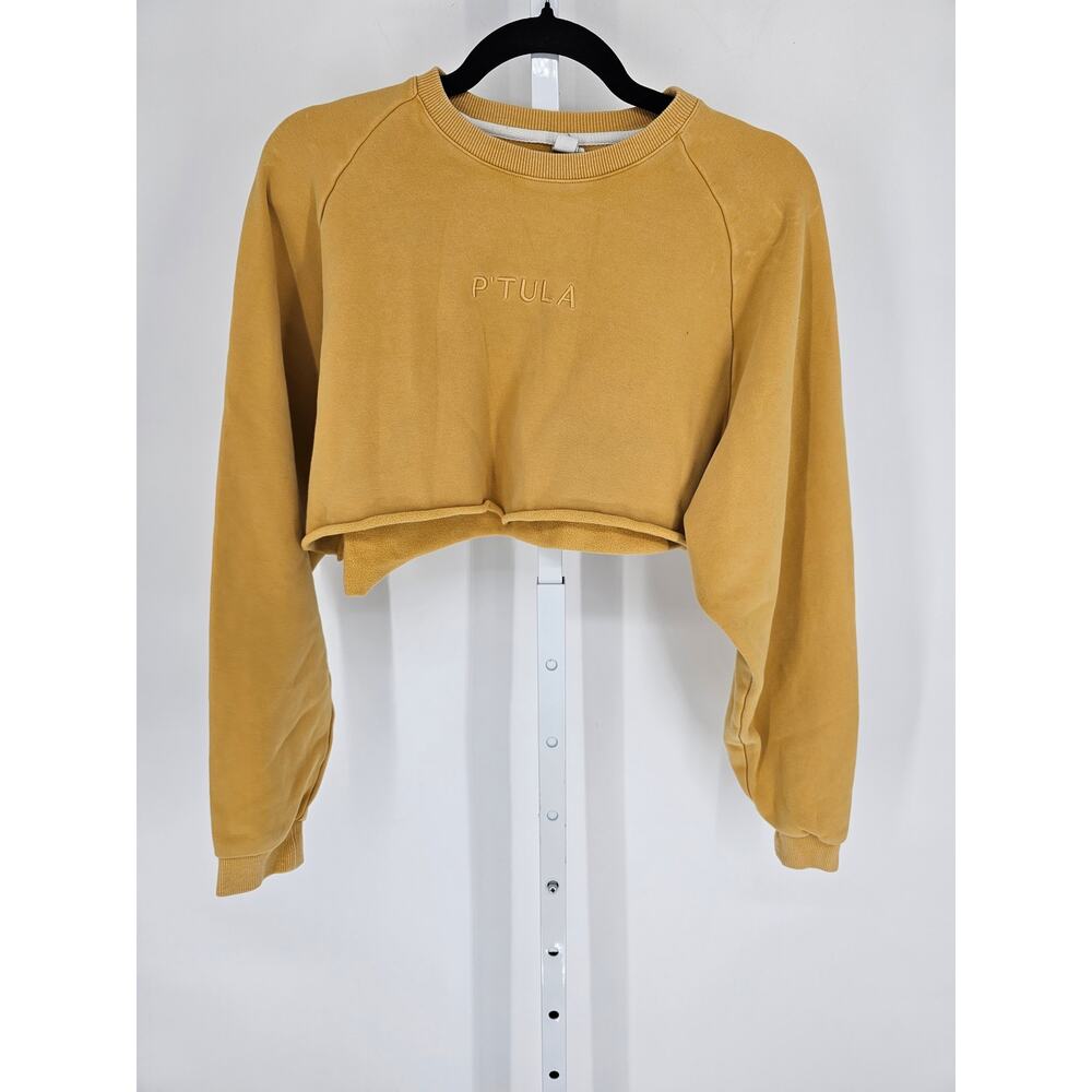 P'Tula Womens Sz S Cropped Crew Neck Sweatshirt Gold Athletic Embroidered